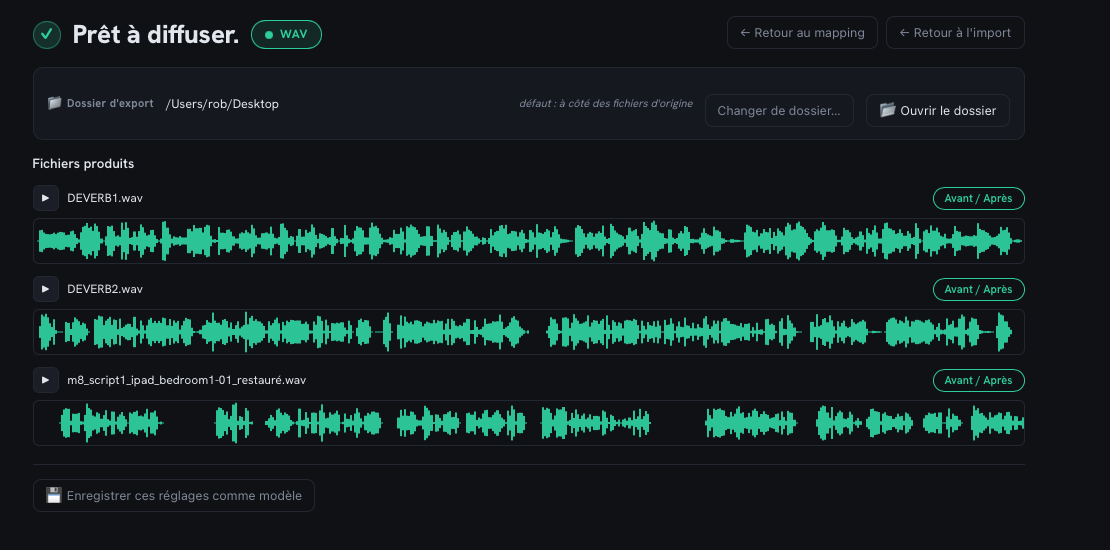 Aireo 'Ready to publish' export screen with the processed voice files, ready to publish