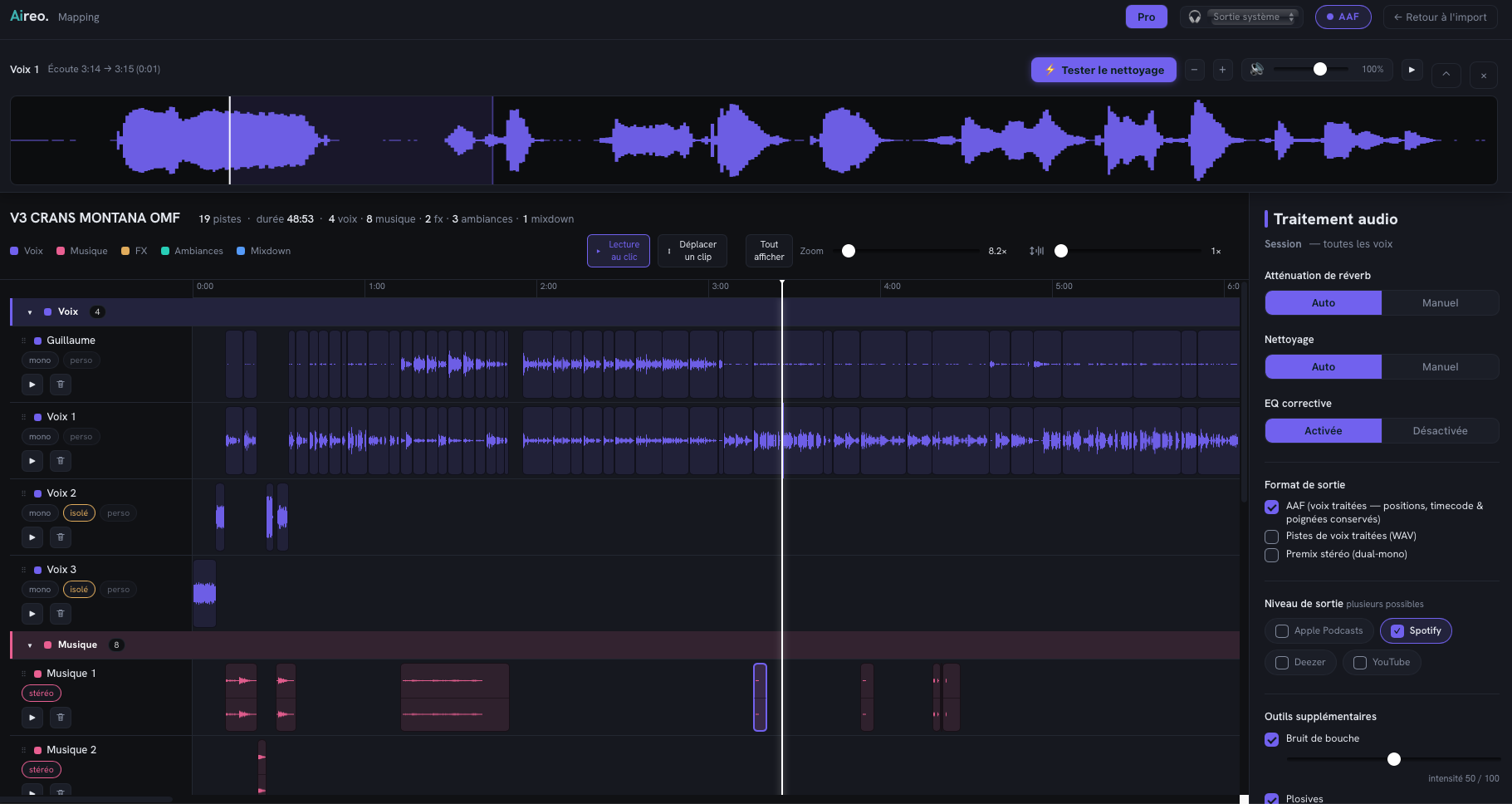 Aireo AAF session timeline sorted by category: voices, music, FX and ambiences split track by track