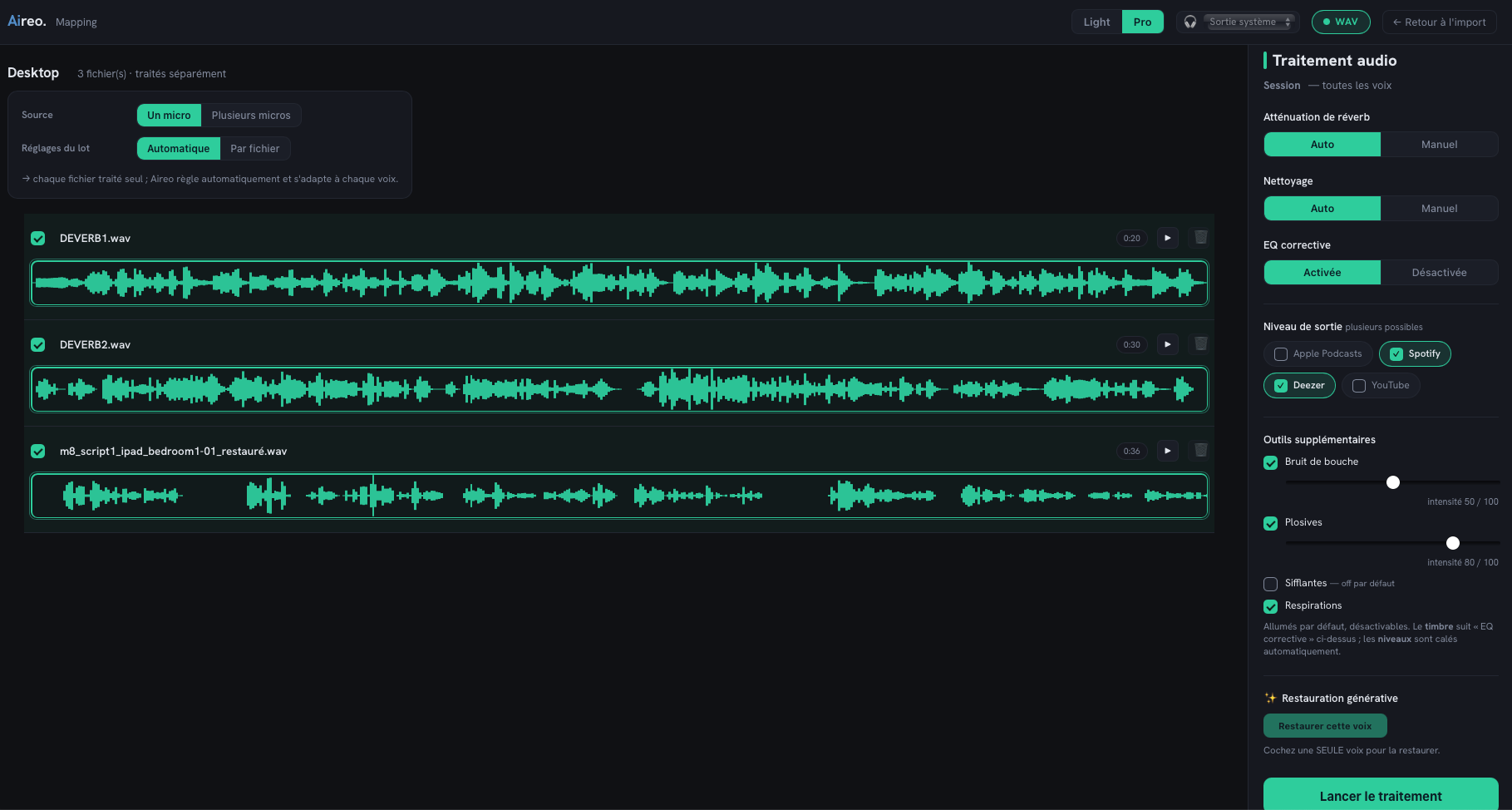 Aireo audio processing screen: several voices being cleaned up automatically (reverb, noise, EQ, levels) for a podcast